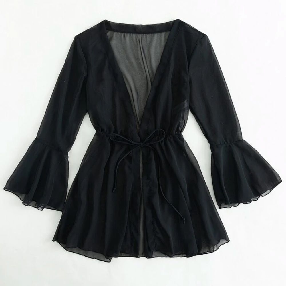 Black Drawstring Waist Chiffon Kimono Swim Coverup